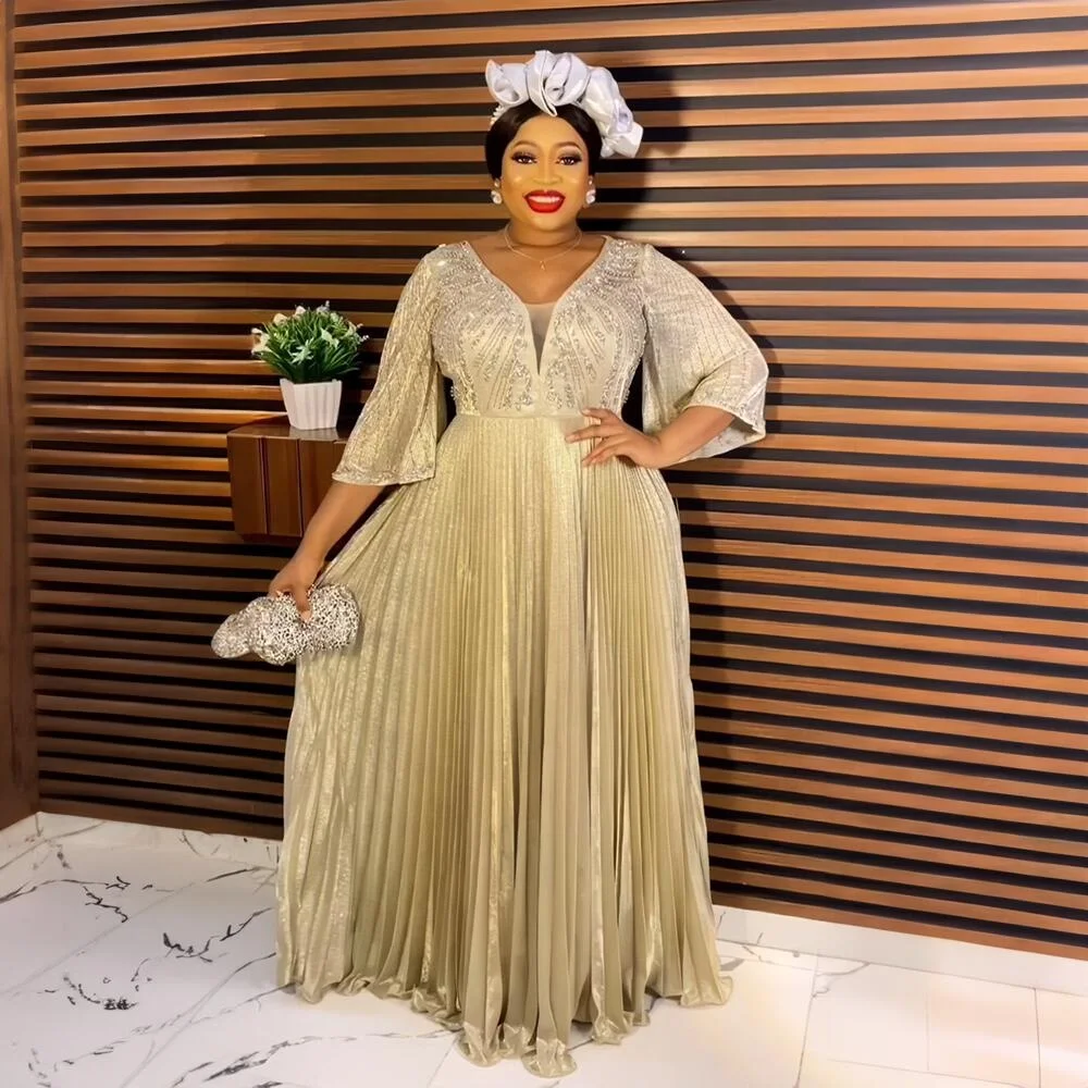 New Design Woman Dresses New Arrivals 2023 pleat gold dust Women Plus Size Dresses rhinestone Women Long Dresses