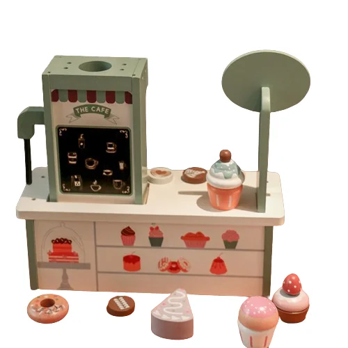 New Arrival Hot sale role play wooden coffee machine with tea and cake set toy for kids