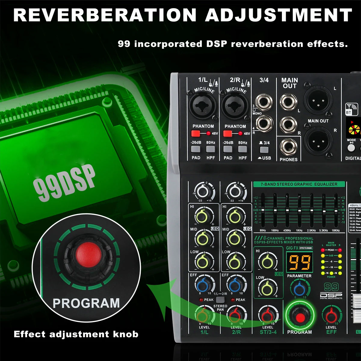 6 Channel DJ Audio Mixer with 99 DSP Reverb effect BT 5.0 USB Mixer USB for karaoke PC recording Microphones