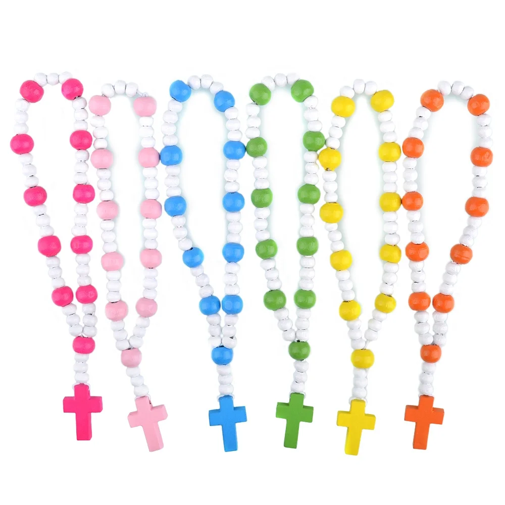 Cheap Catholic Wooden Beads Rosary Necklace Multi-Color Kids Chain for Baptism Wedding and Party Gift Religious Style