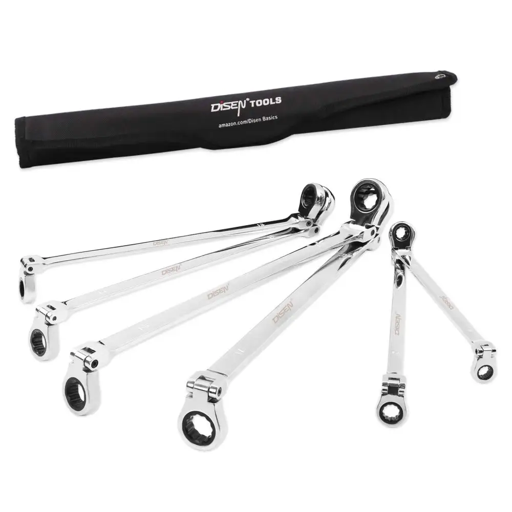 Chrome Vanadium Steel 6Pcs Extra Long Spanner 8-19mm Flexible Head Box End Ratcheting Spanners Double Sided Ring Wrench Set
