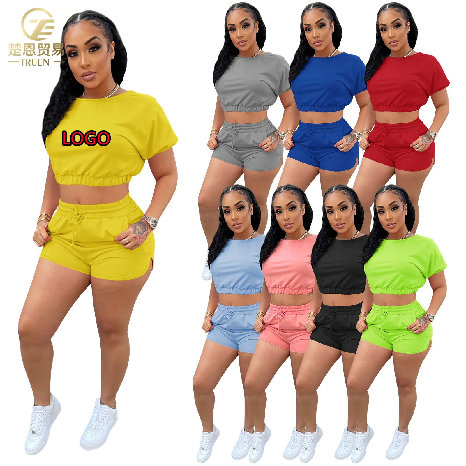 Женский летний комплект из 2 предметов, короткий топ и футболка с вырезами и логотипом на заказ, 2023