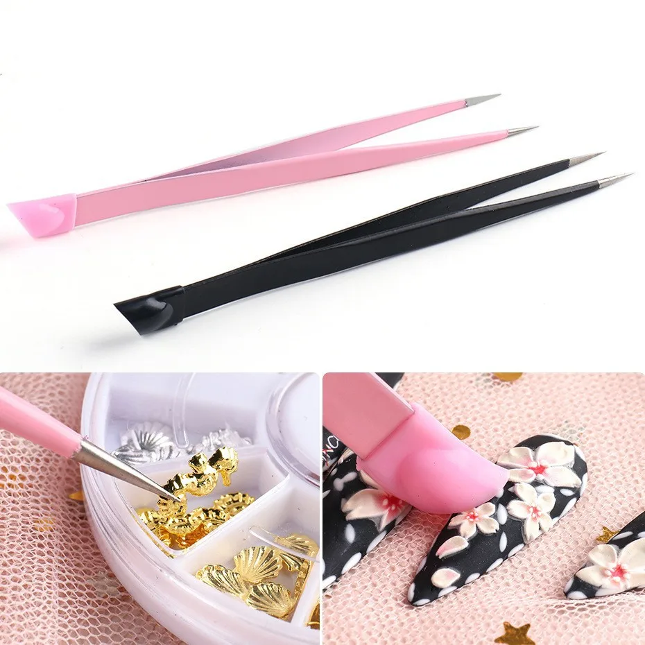 Nail Art Equipment Tweezers With Silicone Pressing Head for 3D Sticker Rhinestones Water Stainless Steel Nails Tool
