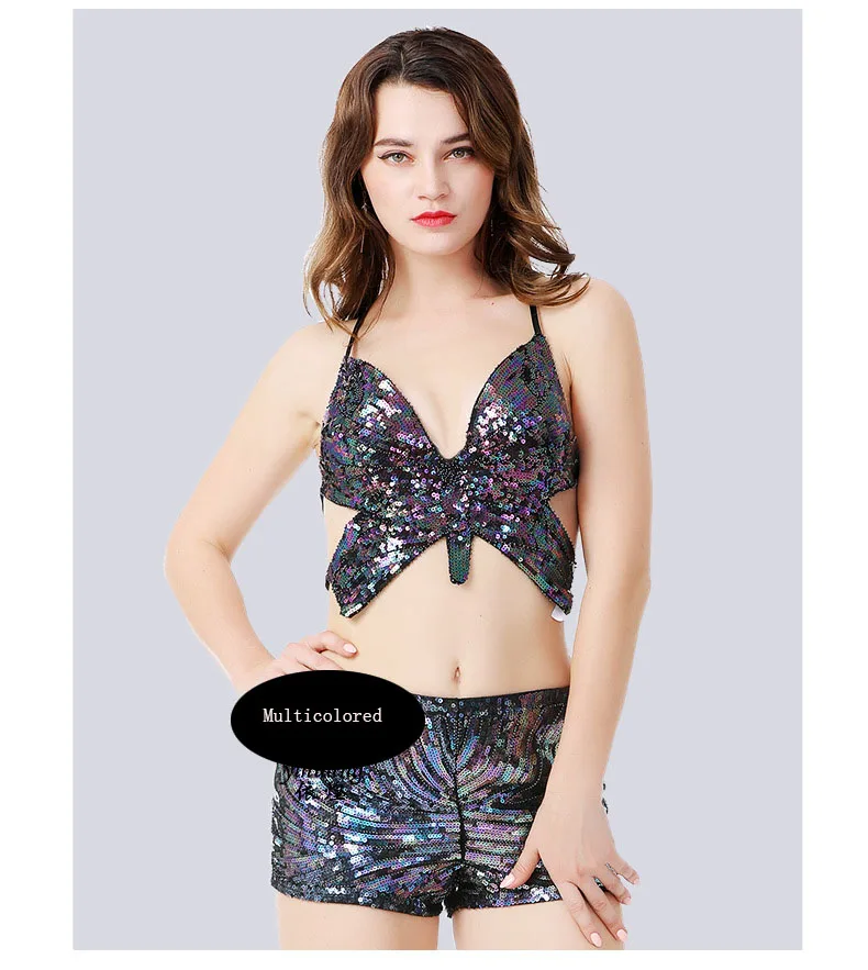 Sexy  Multicolored Sequin embroidery Butterfly Club Pole Dance Show Costumes