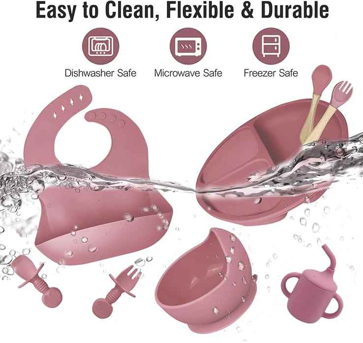 BPA Free Silicone Toddler Kids Tableware Suction Plate Bowl Bib Fork Spoon Cup Baby Feeding Tableware Dinner Set