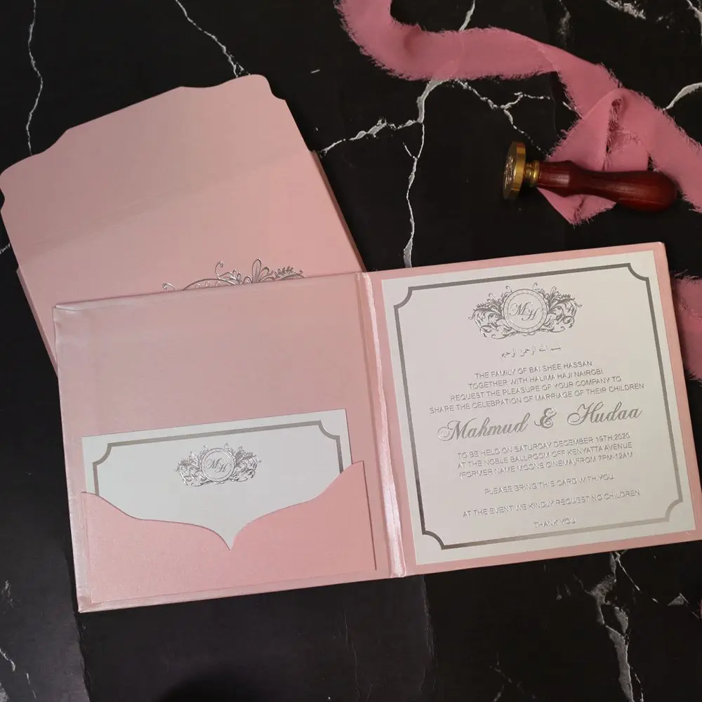 Square size blush pink wedding invitation hardboard with small cards