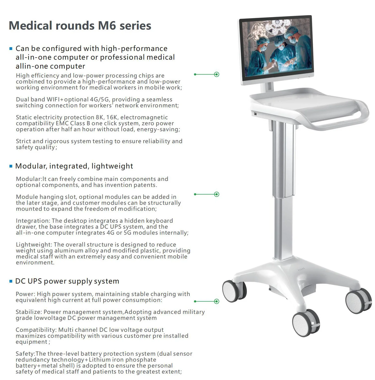 ABS Plastic Mobile Workstation Computer Trolley Adjustable Hospital Medical Computer Cart