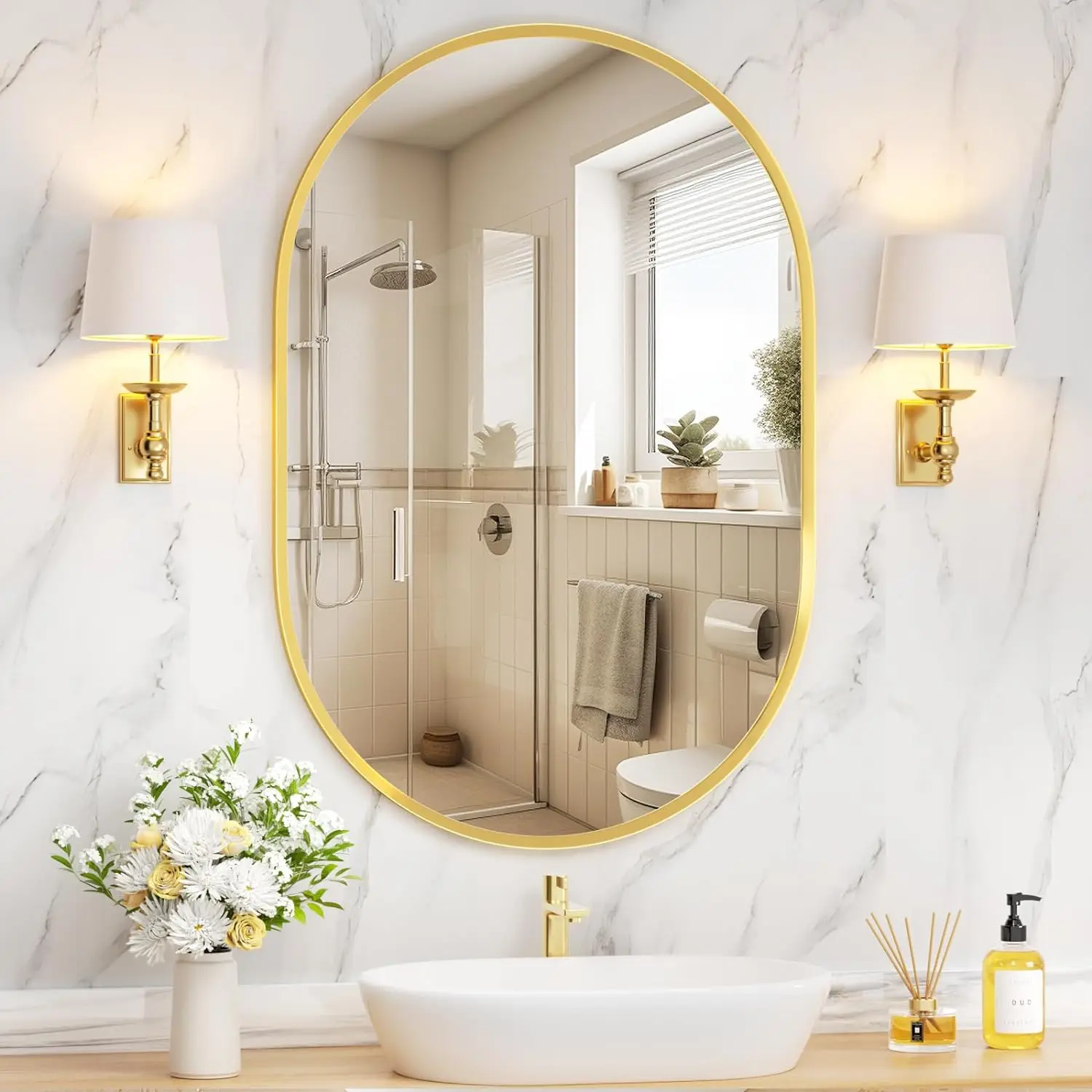 Decorative bathroom mirror oval gold metal framed mirror wall mounted vanity mirror for bathroom