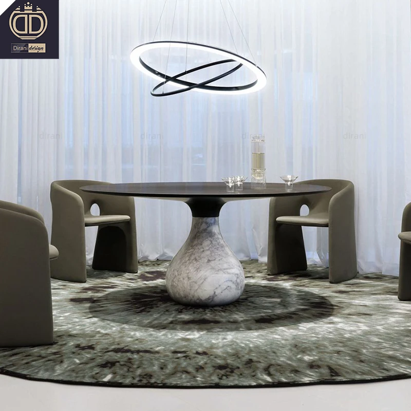 high end red luxury nature marble base wooden top round aqua roche bobois dining table Italian villa