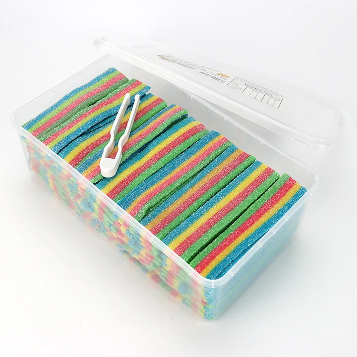 11cm Rainbow ribbon shape sour long chewing soft gummy candy in plastic box