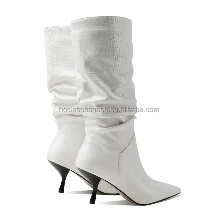 Hoslasen shoe factory white crocodile leather elastic half boots unique heel for shoes 2022 new arrivals