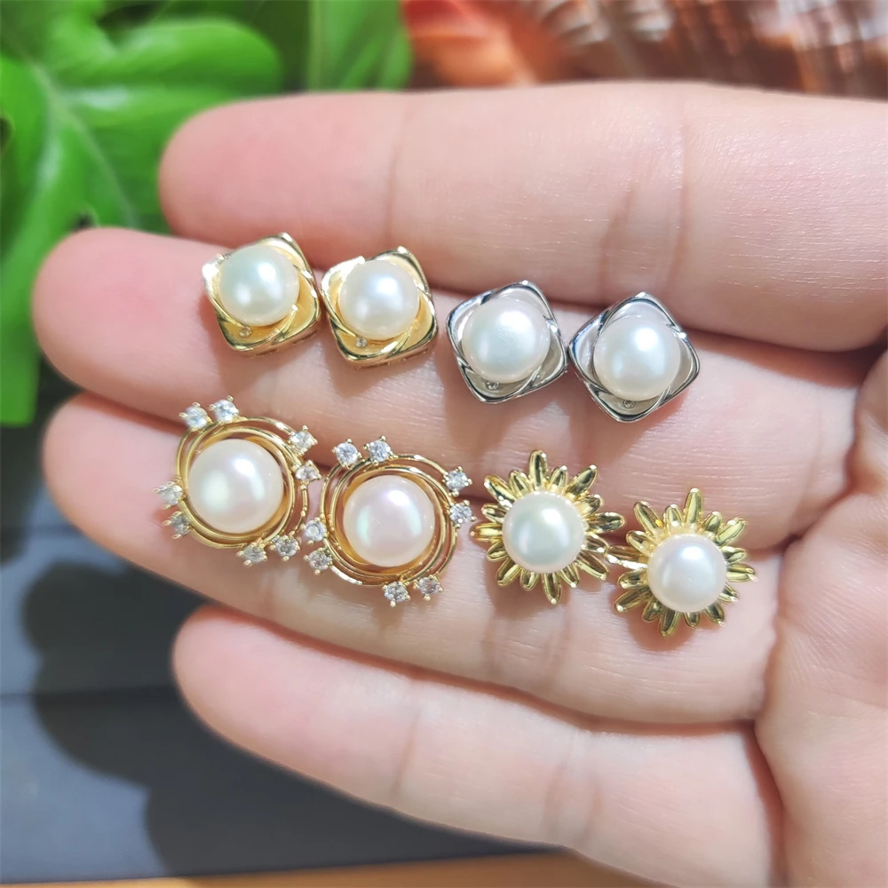 Trendy jewelry high quality gold plated daisy flowers wreath earrings silver square stud real white pearl earrings for women