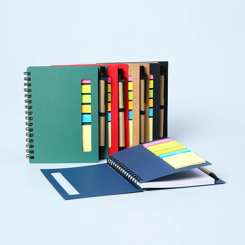 Kraft paper cover spiral binding notepads custom logo printed sticky note stickers memo pad convenience combination with pen