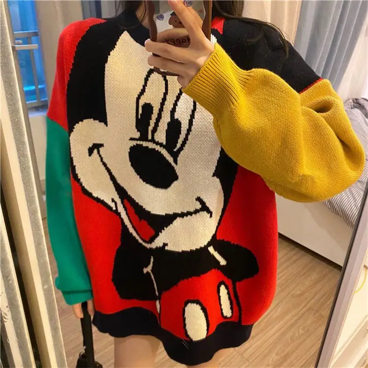 matching clothes for couples Round Neck Western Style Cartoon Mouse Printing Loose Cute Women Winter Sweater