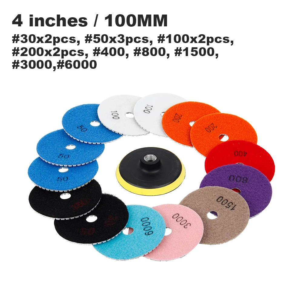 15pcs/set Diamond Polishing Pads 4Inch 100mm Wet/Dry Polishing Backer Granite Marble Concrete Stone Grinding Discs Hand Tools