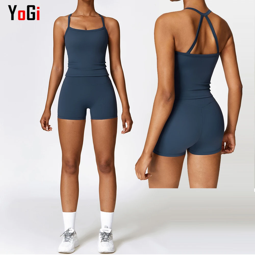High Quality 2 Piece Women Summer Cross Neck Push Up High Waisted Shorts And Top Yoga Bra e Short Gym Fitness  Set