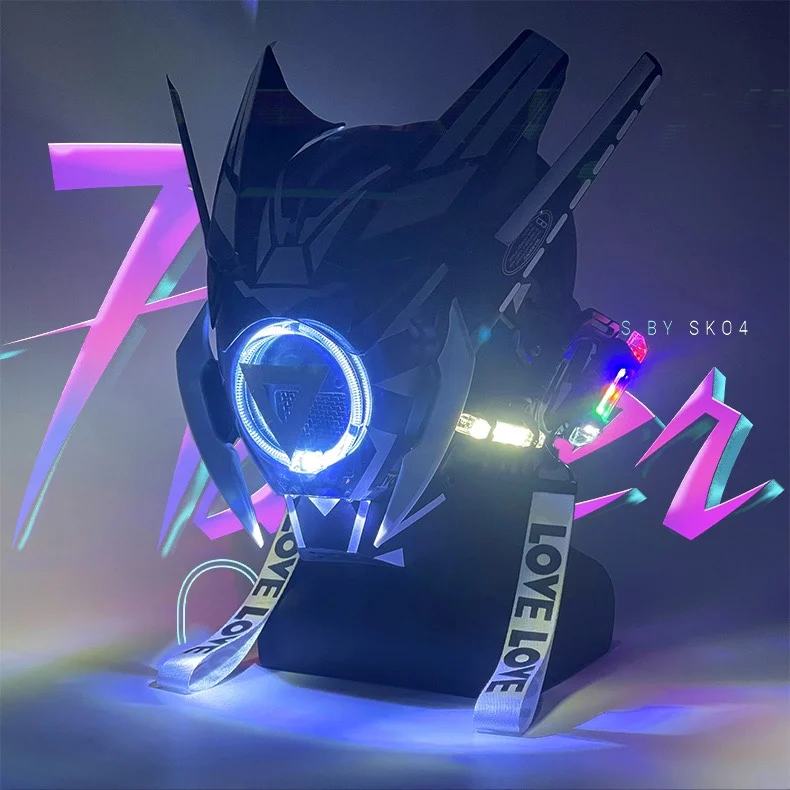 SDMK11 Cyber Gothic Mask LED for Adult Men, Techwear Mask Punk Costume Accessories, Cosplay Mask Futuristic Helmet White