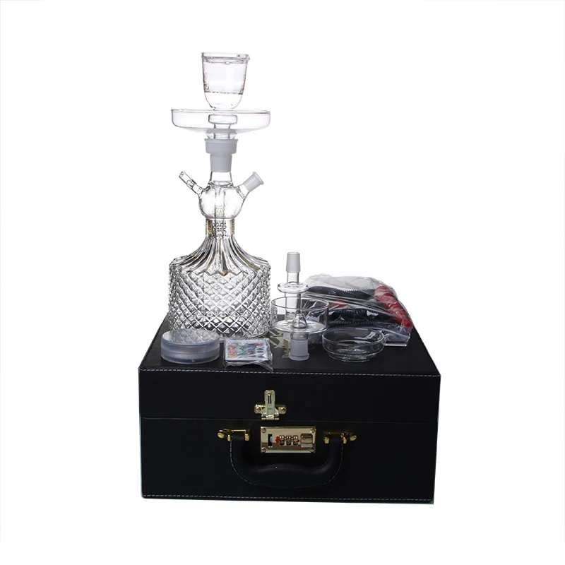 wholesale new design glass hookah shisha glass smoking LED light chicha narguile with leather suitcase