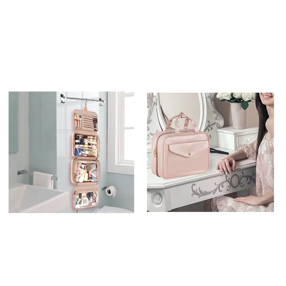 portable brushes Organizer ladies Women hanging toiletry wash makeup case leather beauty Cosmetic travel bag