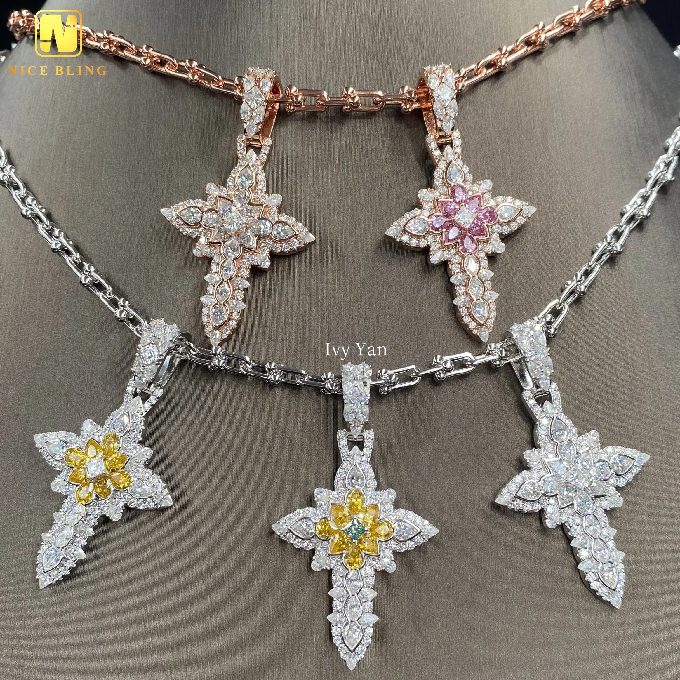 New Arrival Pear Cut Iced Out Custom Hip Hop Jewelry Pendant Cross Shape Flower 925 Sterling Silver VVS Moissanite Pendant