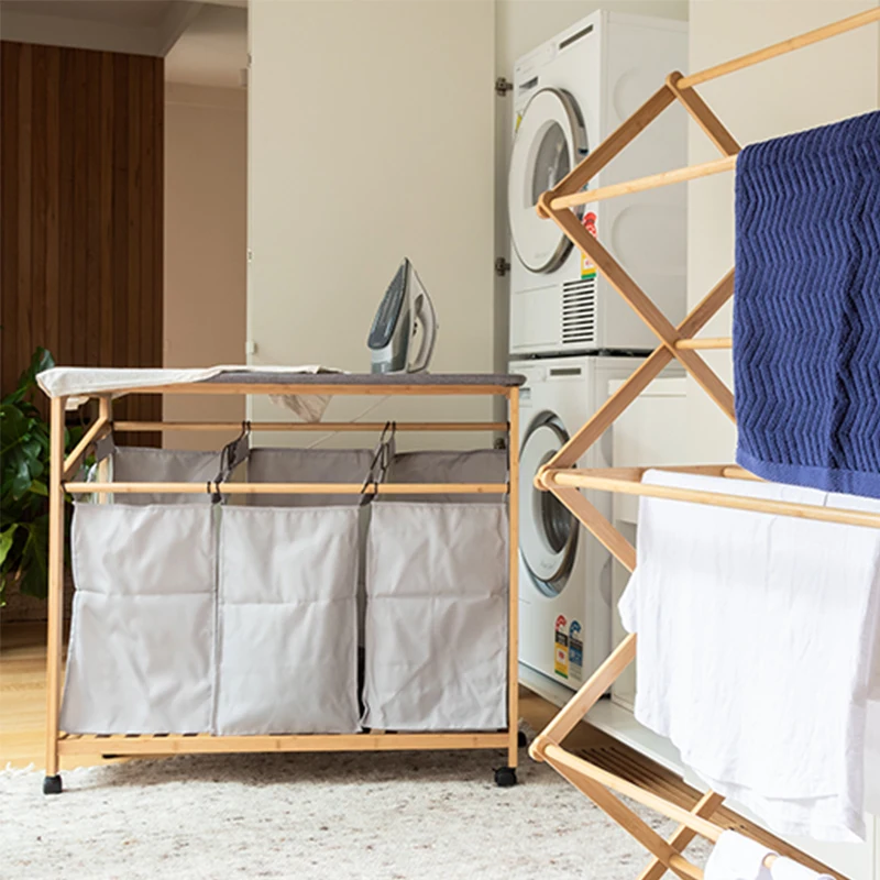 NEW Bamboo Laundry Sorter Cart with Foldable Ironing Board with Removable 3 Bags Laundry Hamper Sorter