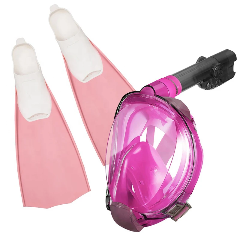 Wholesale scuba diving set dry snorkel snorkeling PP TPR fins 180 degree full face snorkeling mask Fins set with camera mount