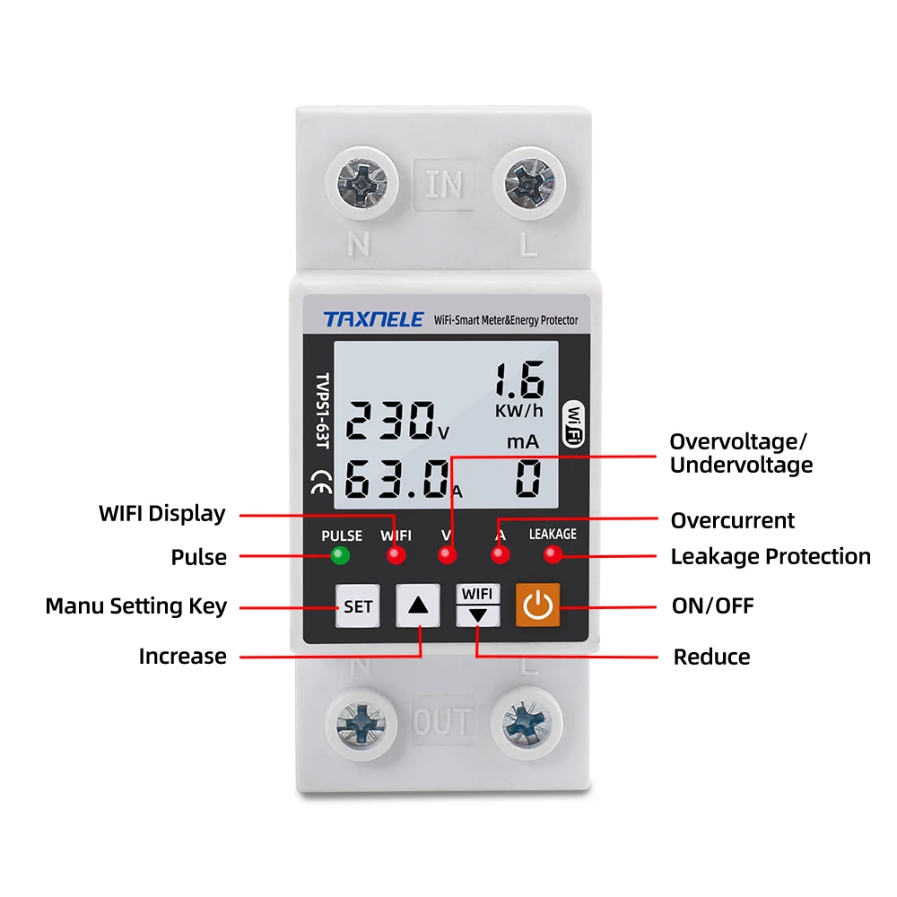 63A TUYA WiFi Smart Earth Leakage Over Under Voltage Protector Relay Device Switch Breaker Energy Power kWh Meter Smart Life