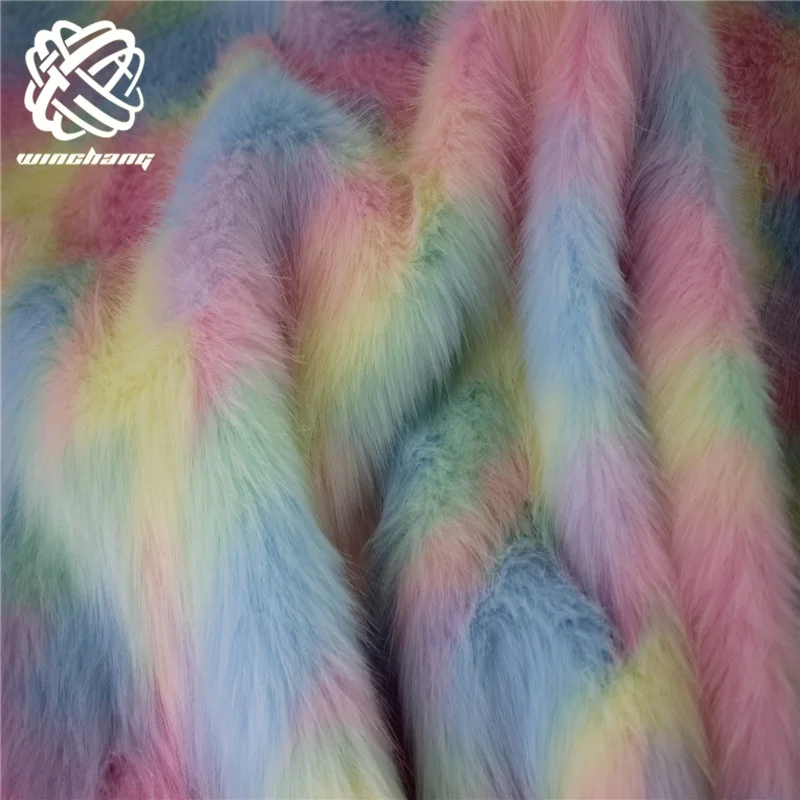 New Jacquard Artificial Colorful Rainbow Faux Fur Fabric Long Pile Faux Fur Knite Fabrics For Coat