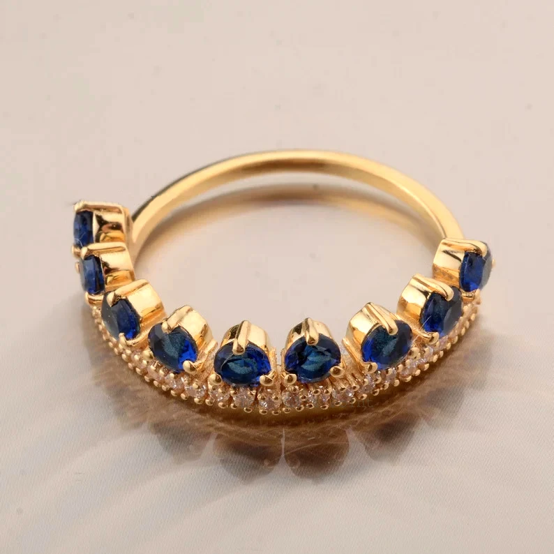 Solid 14K Yellow Gold Genuine Blue Sapphire Gemstone Diamond Princess Crown Ring & Fair Tail Jewelry Handmade Wedding Jewelry