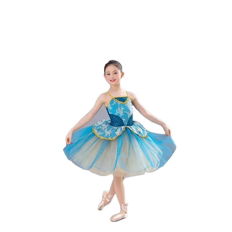 embroidery flower dance wear court style blue tutu skirt gold sequin performance dance costume