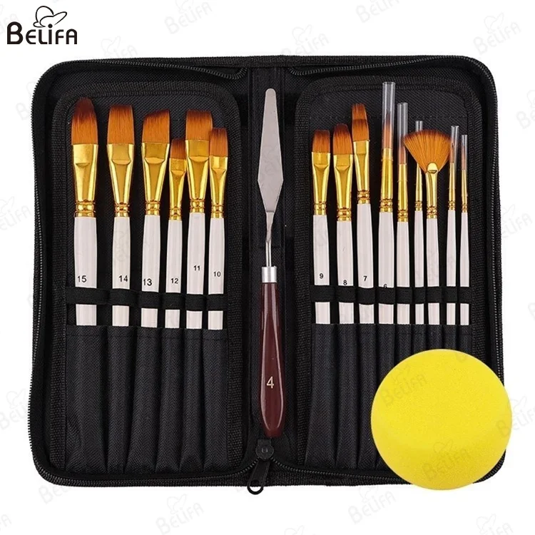 Professional Oil Paint Artist Brush Nylon Bag palette knife and sponge Acrylic Artist 15pcs Brush Set Painting Brushes Set