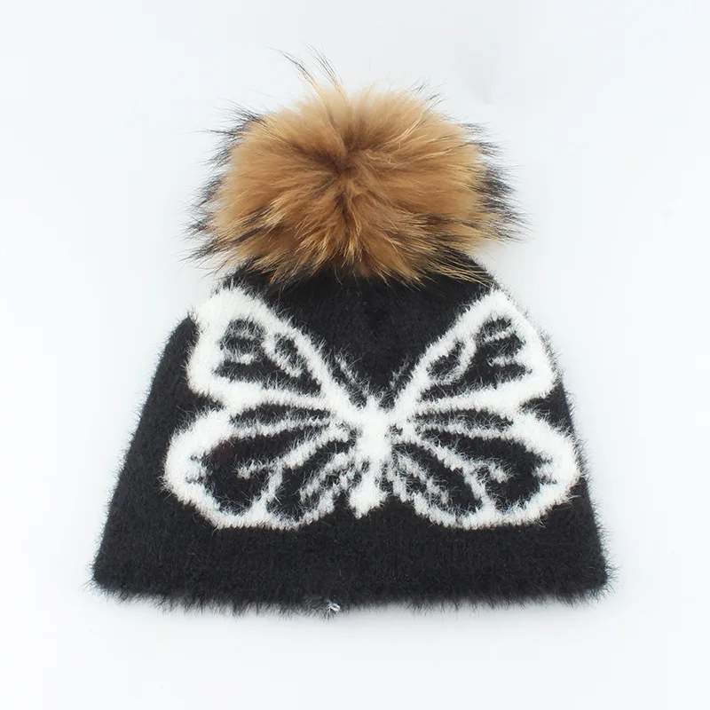 FF3090 Woman Pom Pom Beanie Hats Ski Snow Skull Caps Warm Butterfly Jacquard Knitted Beanies Cap Fuzzy Furry Fluffy Winter Hats