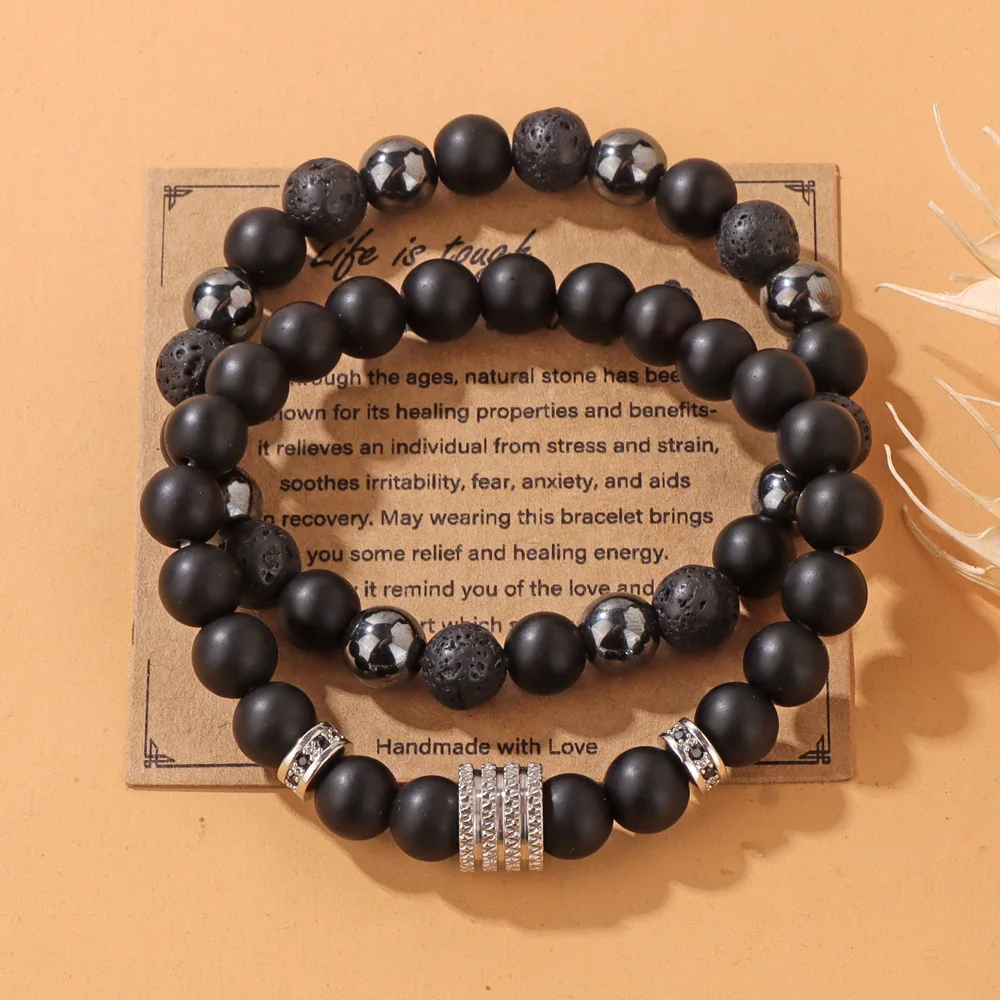 2024 Newest Fashion Lava Rock Stone and Matte Onyx Cross Skull Dragon Head Charm 2 Pieces Bracelet Sets