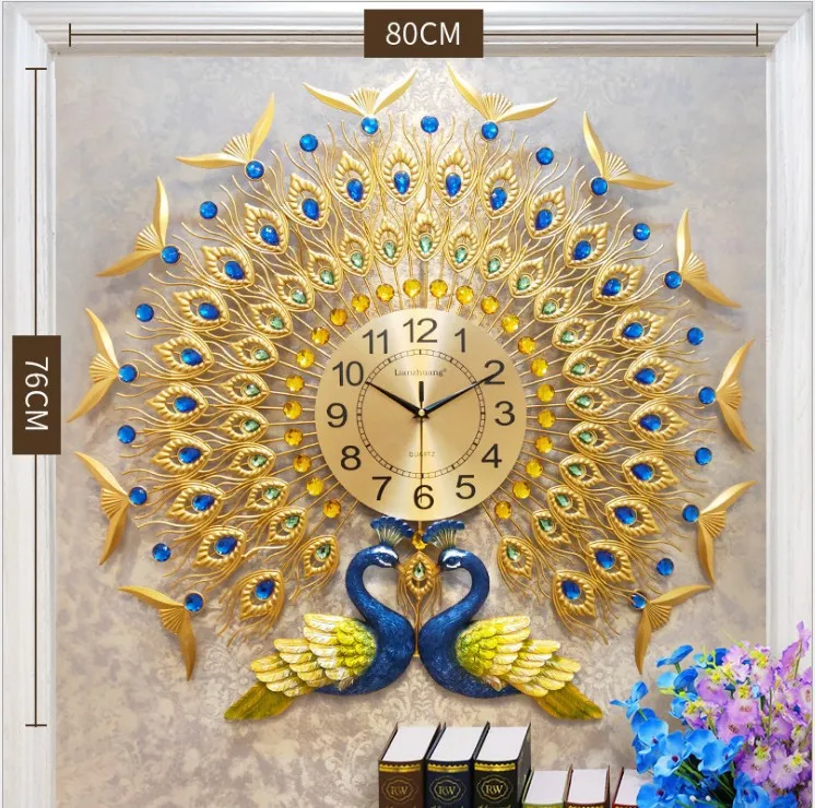 Oversized 3D Gold Home Decor Silent Quartz Metal Double peacock wall clock