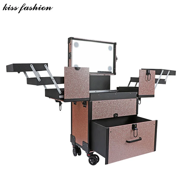 4-WHEELS LEATHERETTE PROFESSIONAL COOL LED LIGHT ROLLING STUDIO MAKEUP CASE WITH EXPANDABLE TRAYS, DRAWERS AND MIRROR