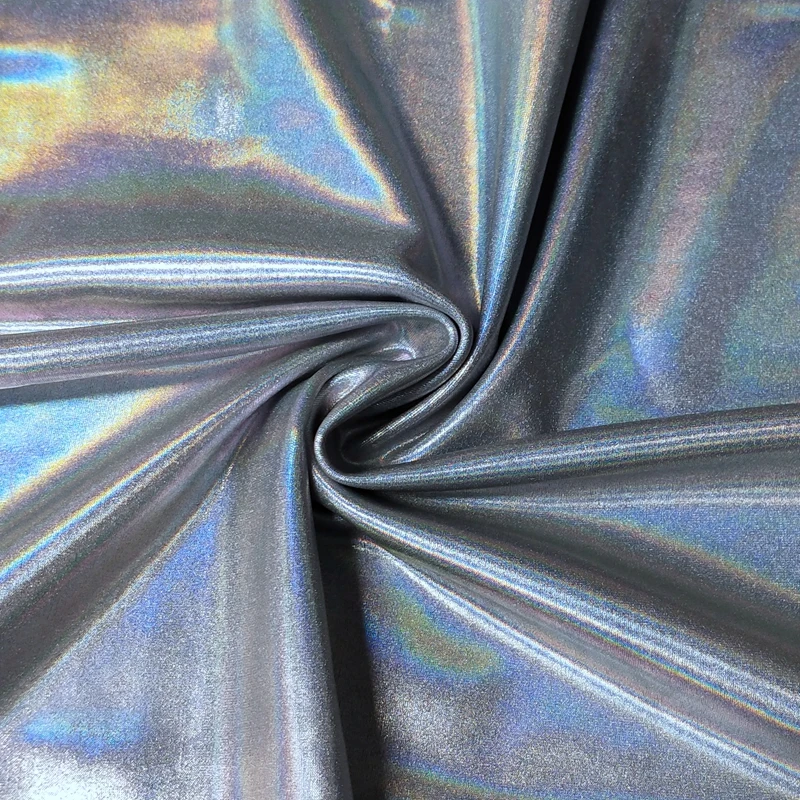 spandex dance wear nylon holographic silver foil print fabric