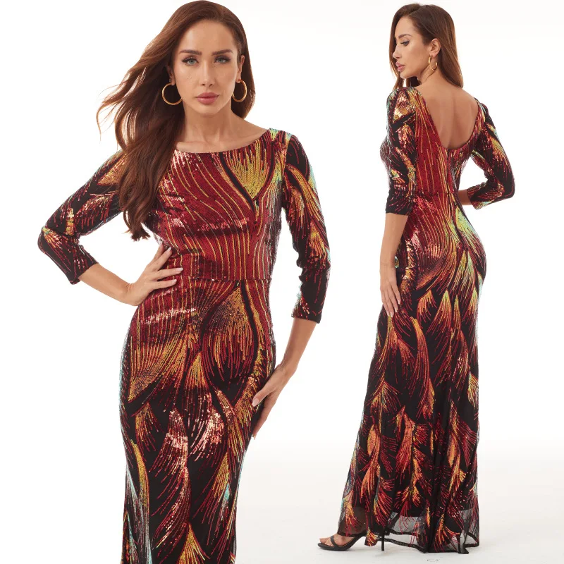 Sequin Party Dress Stretch Large Elegant  Long Sleeves Round Neck Backless Sequined Fishtail Evening Dresses Women