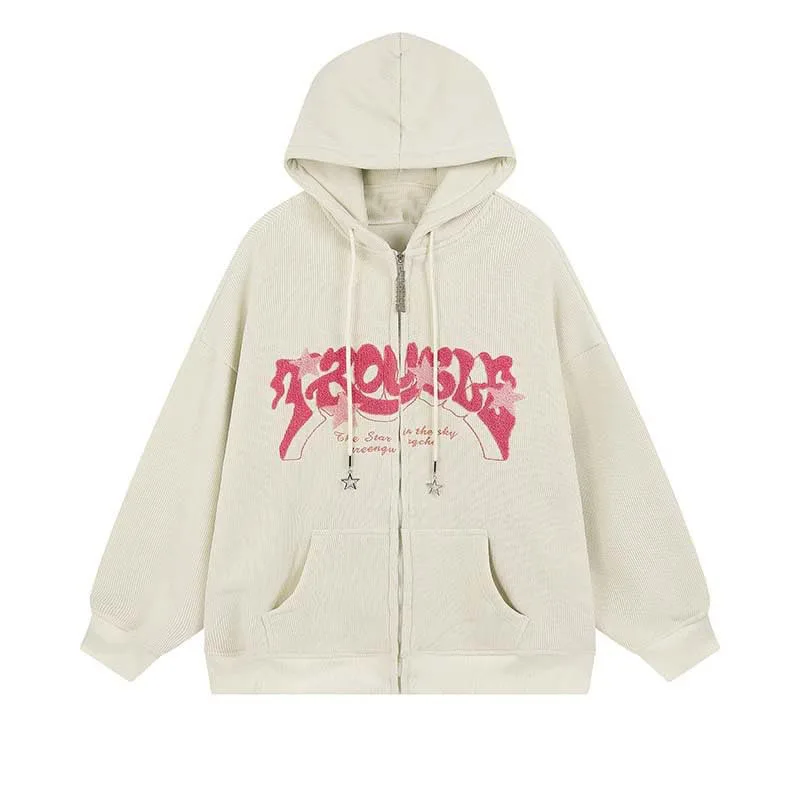 Y2K Zip Up Hoodie For Women Men Letter Star Graphic Print Hooded Corduroy Sweatshirt Jacket High Quality Embroidery Hoodie