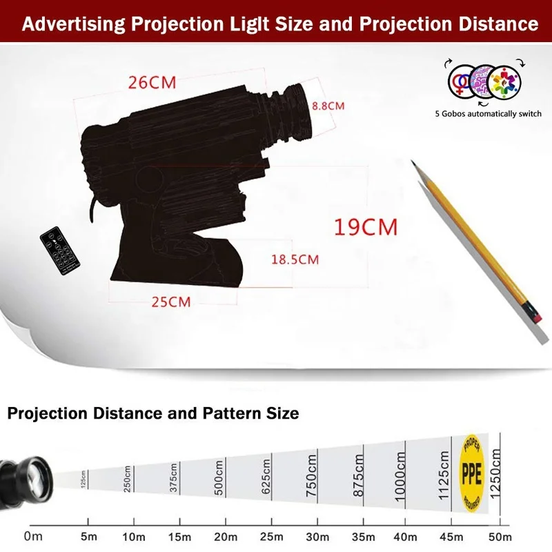 
200W LED Custom Image Rotating GOBO Projector Light with Remote Control Switch Customized Gobos for Company Store Wedding 