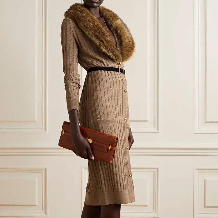 Factory Custom brown v neck single breasted french retro sexy celebrity high end luxury mature delicate knitted woman dress