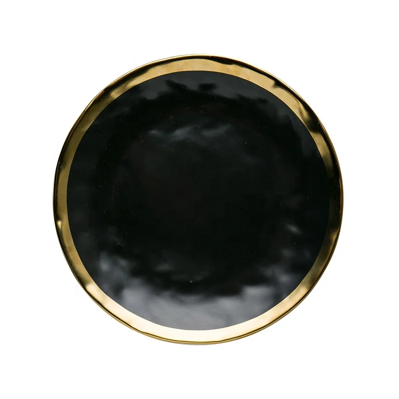 Free Sample Stoneware Arcopal Dinner Plates Sets, Dubai Crockery Dinnerware Piatti Ceramic, Gold Rim Black Ceramic Dinner Plate