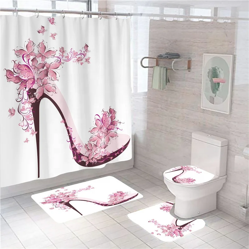 
New Arrival Women Shower Curtain Set 4PCS Bathrooms Curtains with Rugs and Carpets 