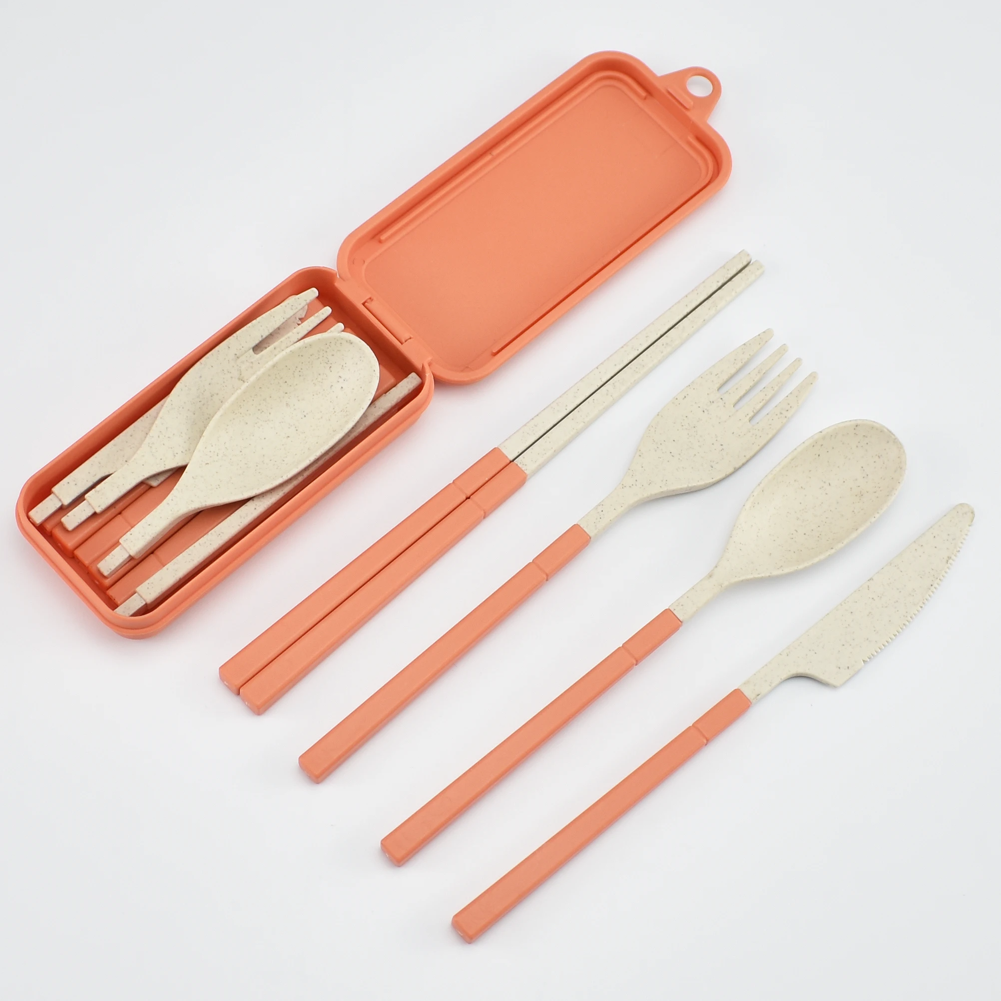 Hot sale reusable wheat plastic folding portable cutlery case set for travel picnic
