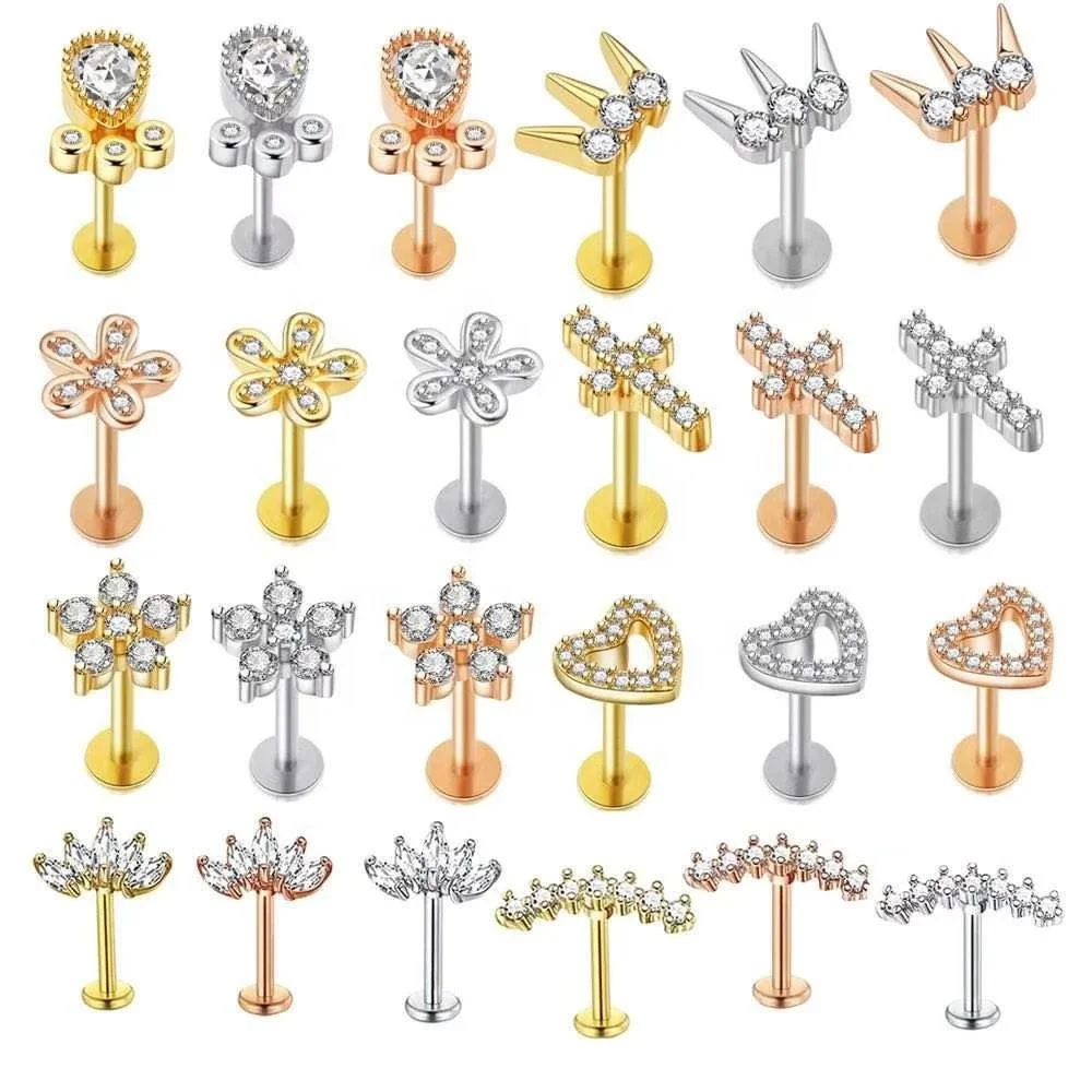 Wholesale 316L Stainless Steel Zircon Crown Studs Internal Threaded Labret Barbell Body Piercing Jewelry Lip Monroe Ring