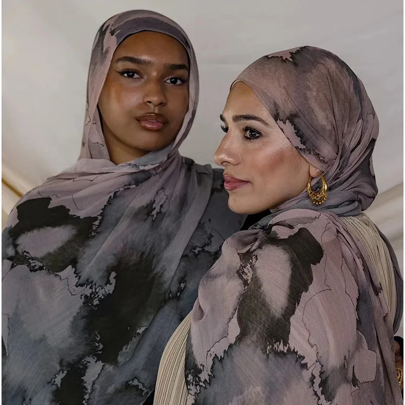 New Watercolor Painting Series Satin Polyester Cotton Watercolor Hijab Shawl  Ethnic 180*80 Muslim Arabic Printed Hijab Shawls