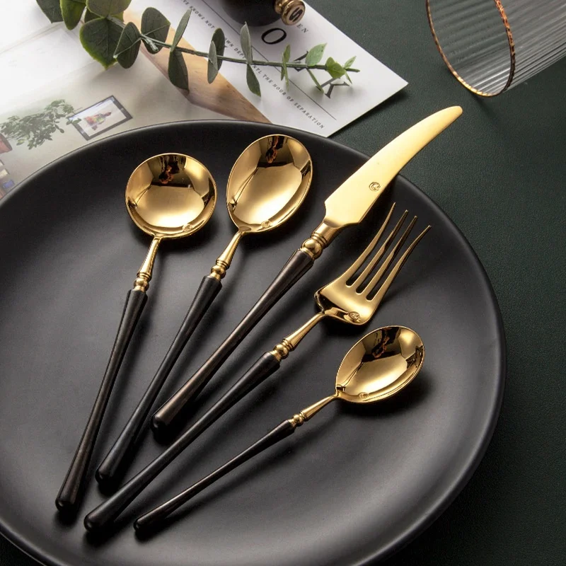 Restaurant Wedding Table Black Gold Cutlery Set Stainless Steel Flatware Set Spoon Forks And Knives Cutlery Flatware Set