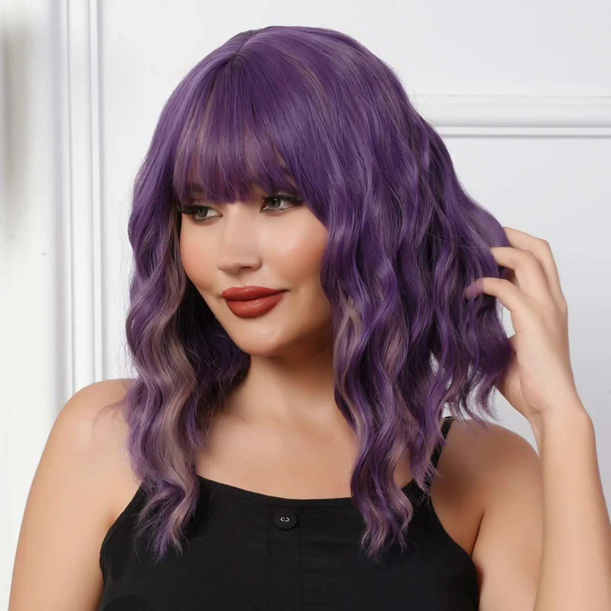 European Style Natural purple bob Curly Synthetic Lace Front short curly hair Wig