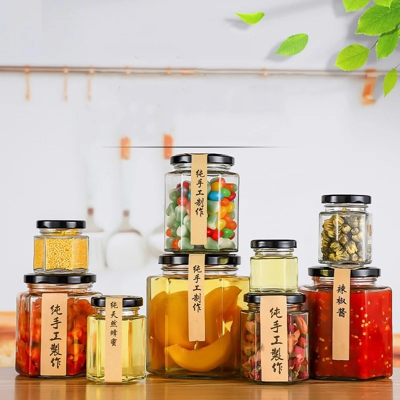 Hot Selling 100ml 180ml 280ml 380ml Thickened Iron Lid Hexagonal Transparent Glass Honey Bottle