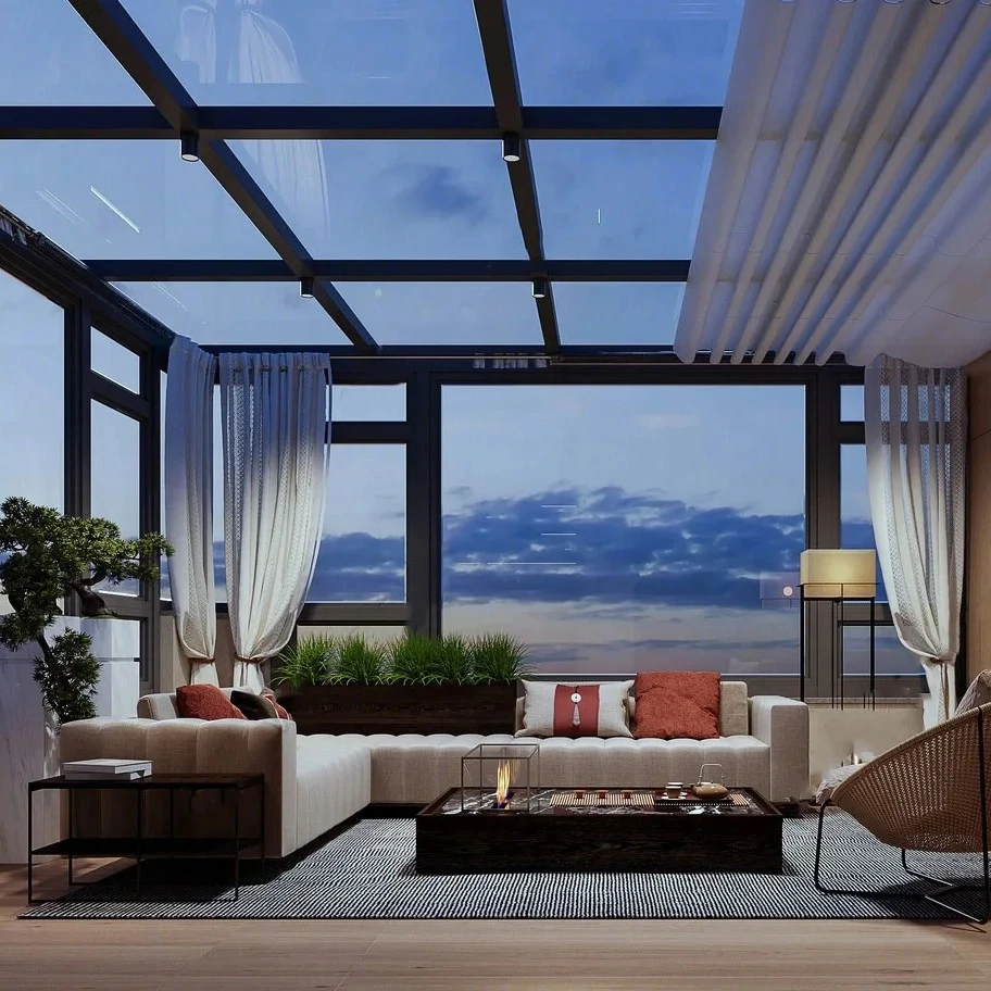 Customized Modern Outdoor Aluminium Sliding Glass Pool Enclosure Sunroom Flat Roof with Triangle Molding Tempered Glass