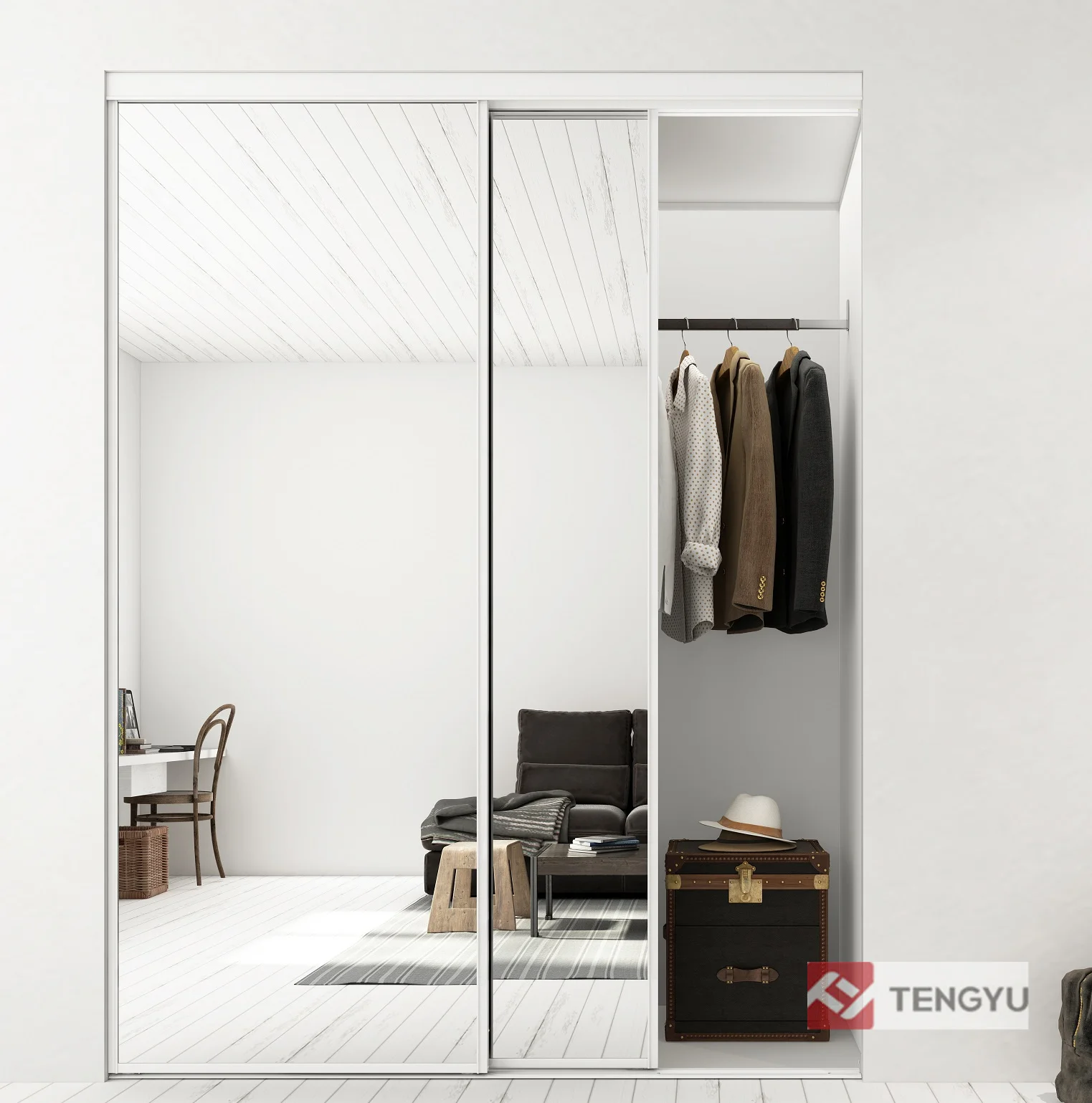 Tengyu Bypassing Closet Door with Hardware Kit, Modern Sliding Mirror Door System